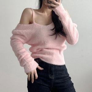 [브이와이][VY] 여자 크리스마스 V넥 끈 앙고라 연말 청초 니트_