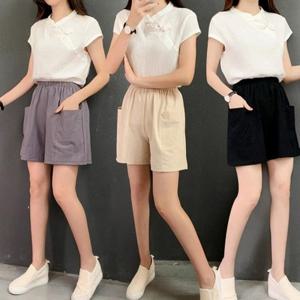 [브이와이][VY] 여자 여름반바지 엘라스틱 얇은천 주머니 숏팬츠