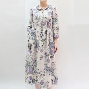 [비꼴리끄(여성)]린넨 프린트 라운드 카라 칠부 원피스 B242WO3230