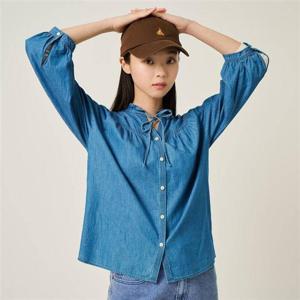 빈폴 데님 러플넥 리본 타이 7부 소매 블라우스 - 블루 (BF5764C57P) 348110