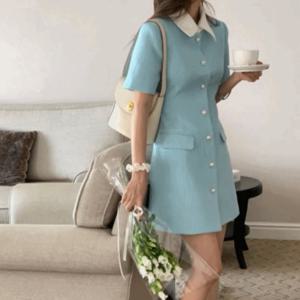 비욘드라이프 클래식 진주버튼 배색 카라 미니원피스 1001792