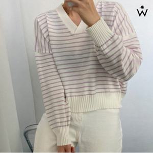 [위시드]브이넥 데일리 스트라이프 긴팔 니트 (WIBANT152)