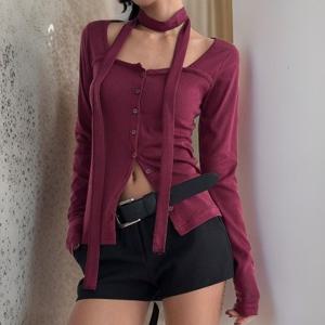 [옷자락][다잇템] 여자 슬림핏 버튼 스퀘어넥 긴팔티 가디건_204