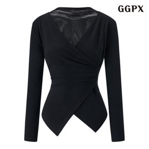 [지지피엑스]레이어드 셔링 시스루 밑단 트임 티셔츠 (GPDLW013D)