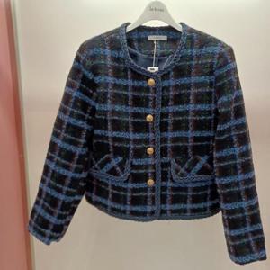 Destijl HC06 데님 배색 가을 겨울 체크 노카라 라운드 트위드쟈켓 D2541jk01N