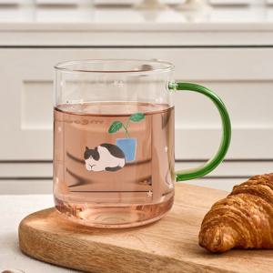 [모던하우스] L 우리집뚱냥이 내열 손잡이 유리잔 그린 400ml