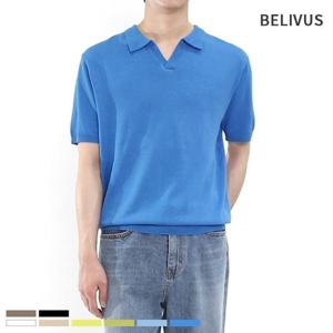 빌리버스 남성 반팔 오픈 카라 니트 여름 티셔츠 BRE022