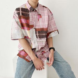 [리빌모아]남자 빈티지 체크 코튼 반팔 셔츠 BT-SHH-Q002-연핑크