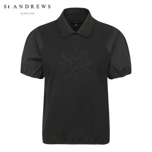 [세인트앤드류스] 여성 로고 자수 니트 카라 벌룬핏 반팔티셔츠 821F1TO086_BK