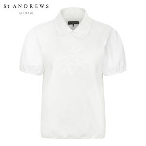 [세인트앤드류스] 여성 로고 자수 니트 카라 벌룬핏 반팔티셔츠 821F1TO086_WH
