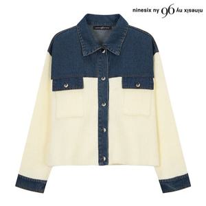 [나인식스뉴욕(영캐릭터)]투 포켓 카라 니트 배색 데님 긴팔 셔츠 (NO3BA019L0)