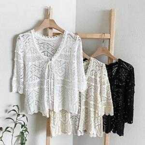 [다잇템]여성 비스코스 리프 펀칭 스트랩 망사 가디건