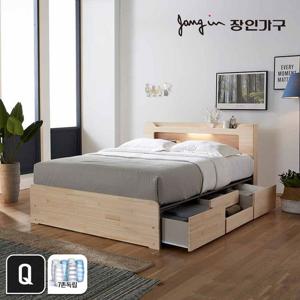 장인가구 시드니 LED 편백나무원목 4서랍 수납침대Q_본넬매트