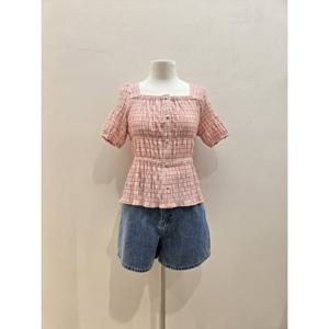 숲  (SB5SS3C) 체크 스퀘어넥 스모킹 블라우스