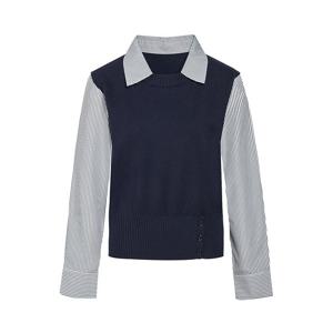 [제이제이 지고트]밑단추 포인트 스트라이프 셔츠 레이어드 니트 GRAN1PO121