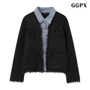 [GGPX] 프린지 트위드 데님 레이어드 가디건 (GPDCK004D)