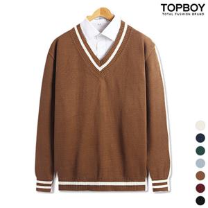 [탑보이][탑보이] 오버핏 배색라인 브이넥 니트(SM105)