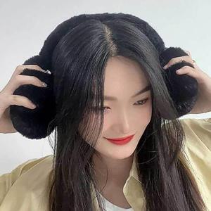 [라일리] Rly 블랙 쁠리즈 귀마개 왕방울 여성 털 방한 니트귀도리