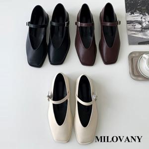 [밀로바니] 르에브 스퀘어 V 라인 무광 메리제인 밴딩 스트랩 쿠션 통굽 여성 플랫슈즈 1.5cm