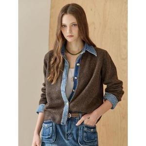 [마쟈]워싱 데님 셔츠 카라 블록 니트 가디건