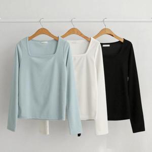 [옷자락] 여자 소라색 스퀘어넥 봄이너 슬림 스판 무지 티셔츠