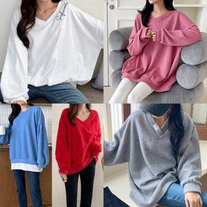 [아이우먼]빅사이즈여성의류 맨투맨 티셔츠 기모 브이넥 롱티