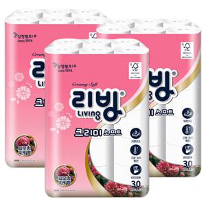 삼정펄프 리빙 크리미 화장지 피오니부케향(NEW)30롤x3팩 (총90롤)