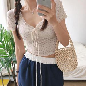 [드레스날다]팔레르모 캡내장 브이넥 레이스 크롭 반팔 티셔츠
