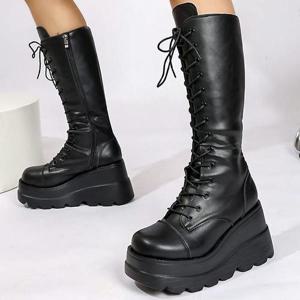 [더힐슈즈] 레이스업 키높이 통굽 여성여자 앵클 롱 워커 부츠 9cm sjjy-H17