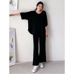[샵앤]썸머 쿨링 여성 U넥 5부 루즈핏 데일리 반팔티 편한 통바지세트 ARA-WSET-3540-블랙