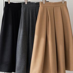 여성 봄 가을 핀턱 주름 모직 플레어 스커트