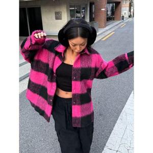 [샵앤]여성 카라넥 도톰 체크 포근 털자켓 겸 셔츠 MCR-WBL-5101-핫핑크
