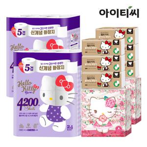 N+[헬로키티] 시그니쳐 5겹 프리미엄 화장지 24롤 2팩 + 로맨틱 소프트 로션티슈 6팩+뽑아쓰는화장지 6팩