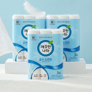 [깨끗한나라] 순수소프트 천연펄프 3겹 30롤 3팩
