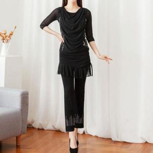 [까르죠아]쉬폰 밑단 스커트 빛줄기 보석 랩 바지 스포츠 댄스복 여성 라인 빅사이즈 50대 60대