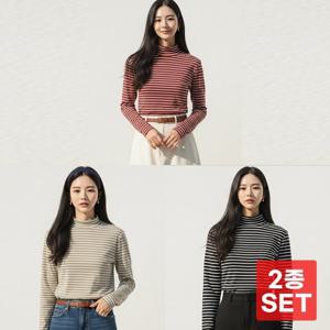 [시노코] 1+1 스트라이프 목폴라 티셔츠 3컬러 WA24T402