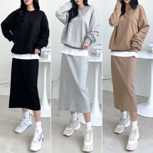 국내생산! 기본 무지 맨투맨 + 롱  스커트 밴딩 상하의 투피스 세트 3colors [ DB-1 + DB-5 ]