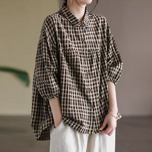 ★홈앤단독특가★ 유니제이 비빈 루즈핏 체크 퍼프 블라우스