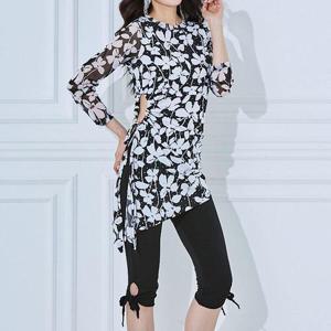 [까르죠아]까르죠아 플라워 사선 롱 블라우스 라인댄스상의 스포츠댄스복 여성 칠부 티셔츠 스팽글 반짝이