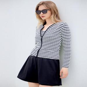 [가디건+탑+스커트 SET] 블랙 스트라이프 래쉬가드 수영복 (DLSR5BT43BK)