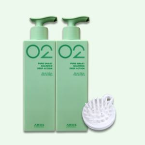 아모스 퓨어스마트 샴푸 딥액션 500g 2개+샴푸브러쉬