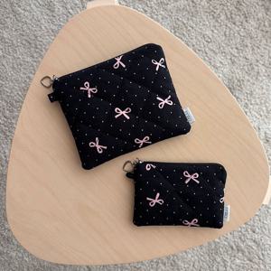 블랙 핑크 리본 파우치 / 카드지갑 (화장품 여행 생리대 미니 사각 면 천 패브릭 파우치)