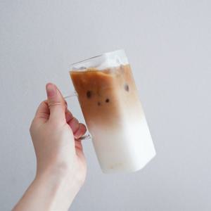 사각 일자 머그 글라스 400ml 홈카페 손잡이 유리컵