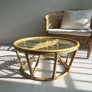 라탄 거실 좌식 유리상판 원목 원형 티 테이블 60CM