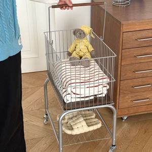 우디 스틸 손잡이 트롤리 빨래바구니 이동식카트 수납선반