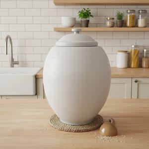 20kg들이 분청 화이트 무지 숨쉬는 여주 쌀항아리(둥근형)+쌀바가지