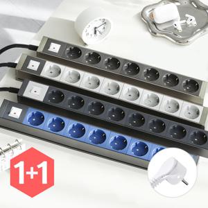 1+1 국산 고용량 알루미늄 납작 멀티탭 8구 과부하차단 디자인 컬러 1.5m/3m