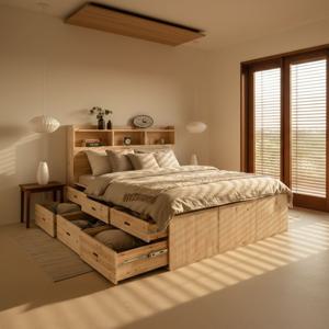 인어우드 원목 침대프레임 퀸 사이즈 높은 서랍형 수납 벙커 침대