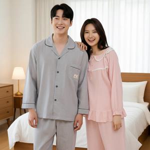 남성 여성 9부 홈웨어 세트 면혼방 커플 잠옷