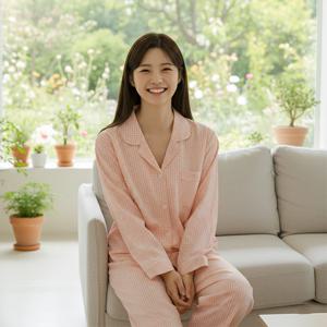 여성 소프트 선염 면100 체크 잠옷 홈웨어
